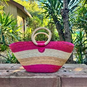 Pink and Tan Woven Tote Bag